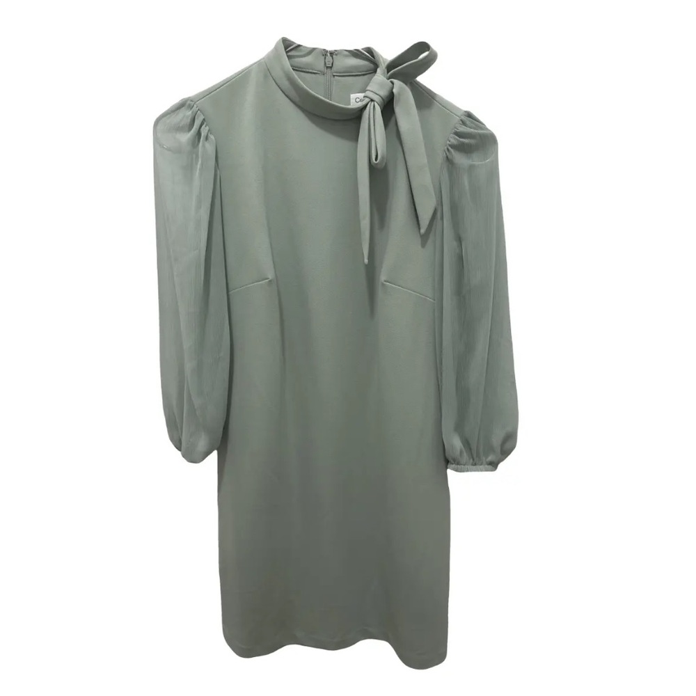 CALVIN KLEIN Tie Mock Neck Chiffon Balloon 3/4 Sheer Sleeve Sheath Dress SZ 2